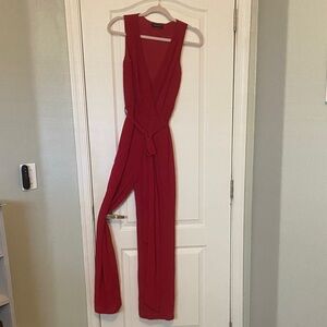 Sleeveless Red Belted V-Neck Jumpsuit